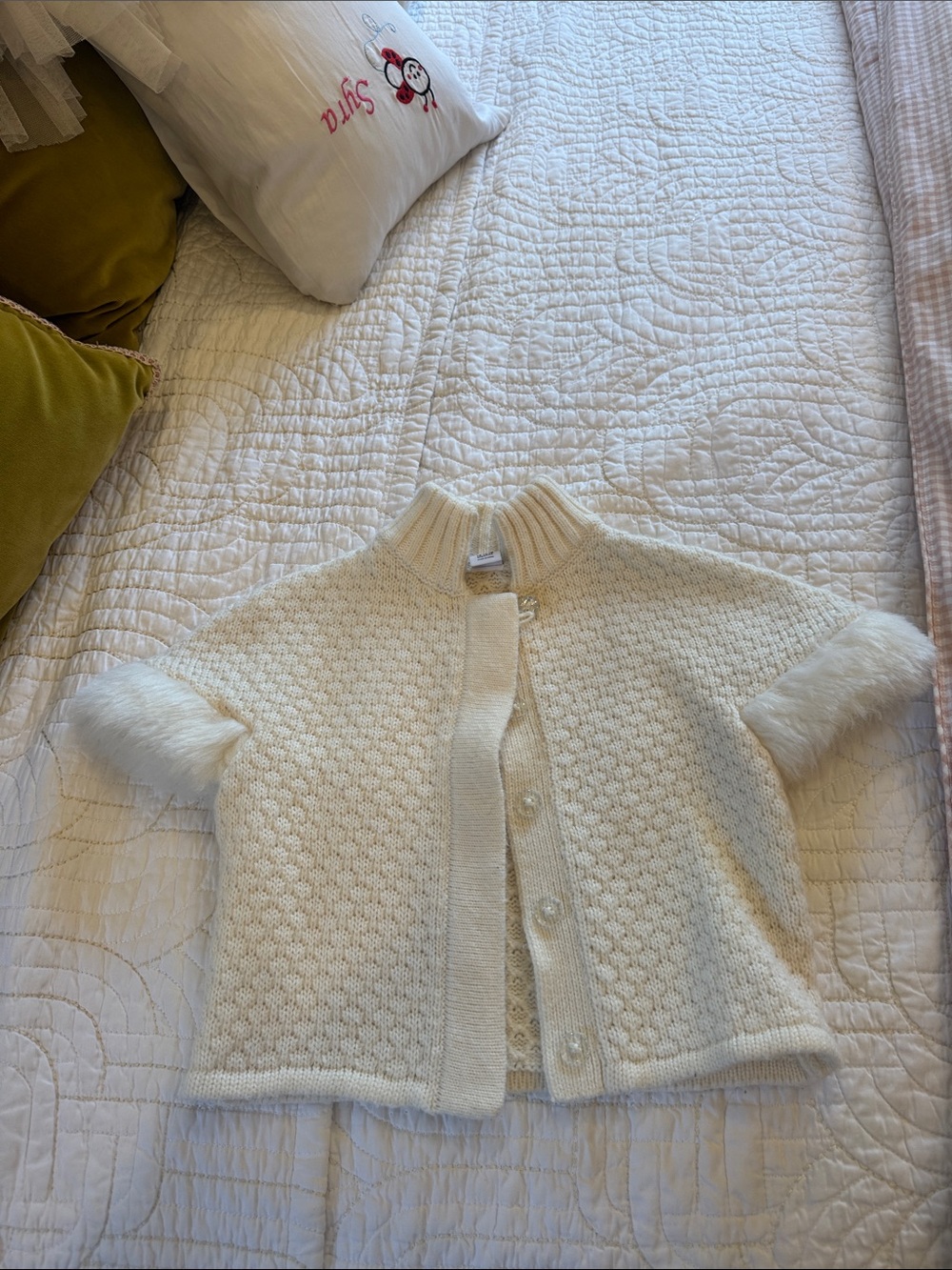 Janie and Jack Ivory Knit Short-Sleeve Sweater with Faux Fur Cuffs